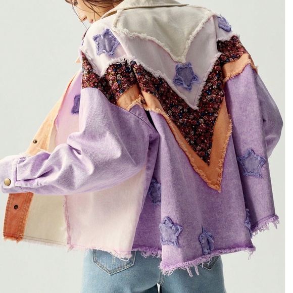 Western Cotton Star Patch Floral Print Oversized Button down Jacket - Picture 6 of 8